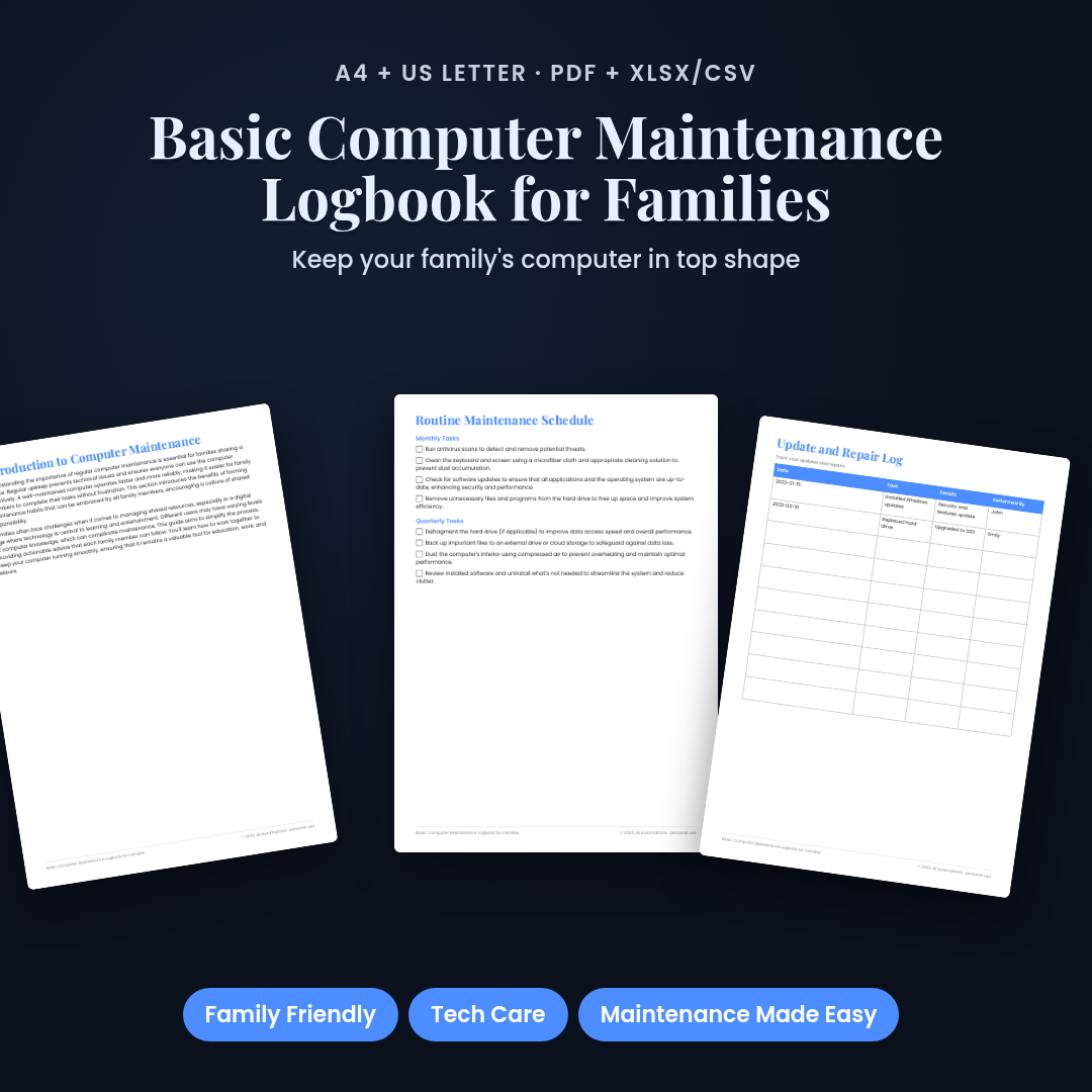 Basic Computer Maintenance Logbook for Families