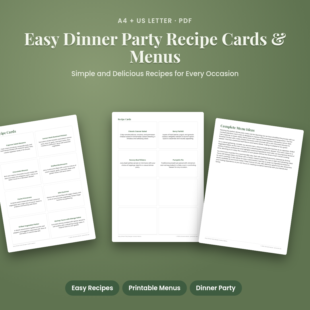Easy Dinner Party Recipe Cards & Menus