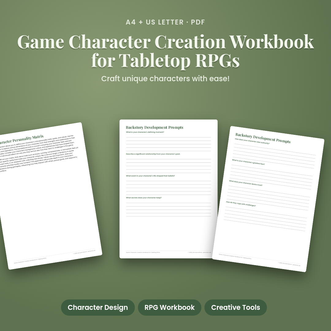 Game Character Creation Workbook for Tabletop RPGs
