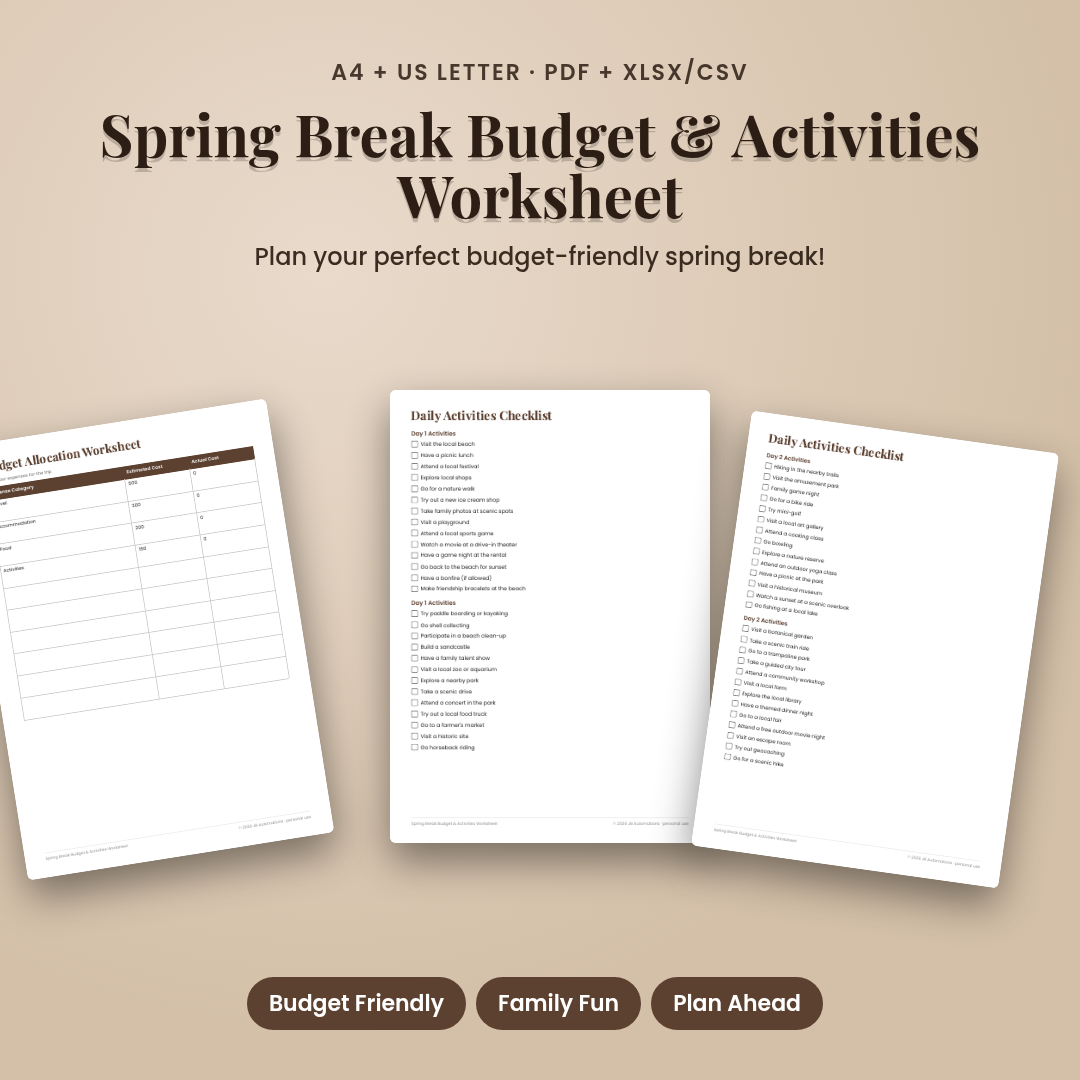 Spring Break Budget & Activities Worksheet