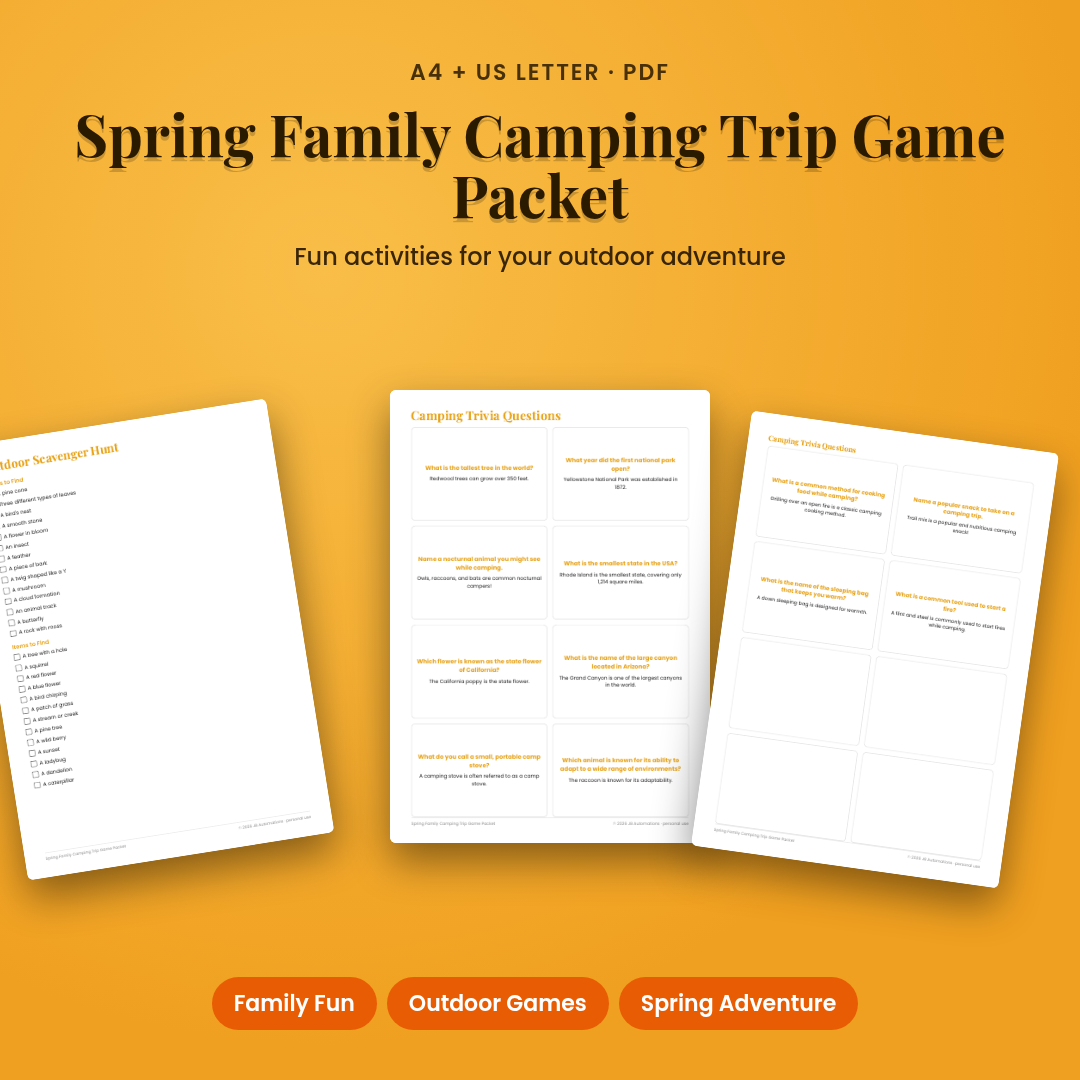 Spring Family Camping Trip Game Packet