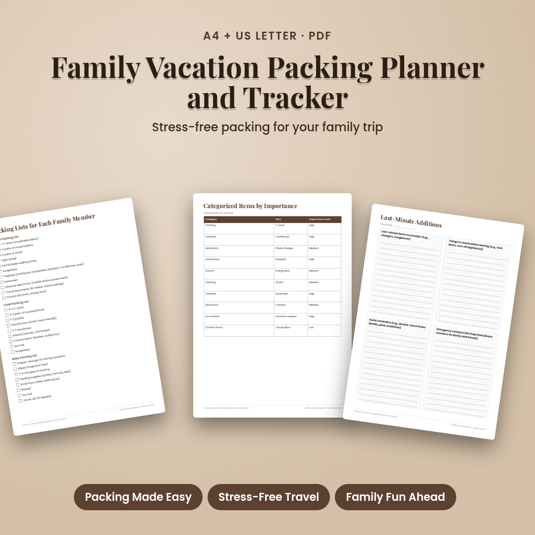 Family Vacation Packing Planner and Tracker