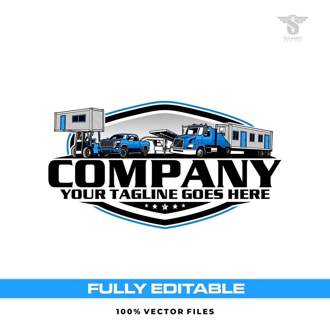 Portable building transport vector logo featuring a blue semi truck hauling a modular building, blue pickup truck with trailer, forklift lifting a portable cabin, black and blue shield badge, bold company lettering, white stars and customizable tagline.