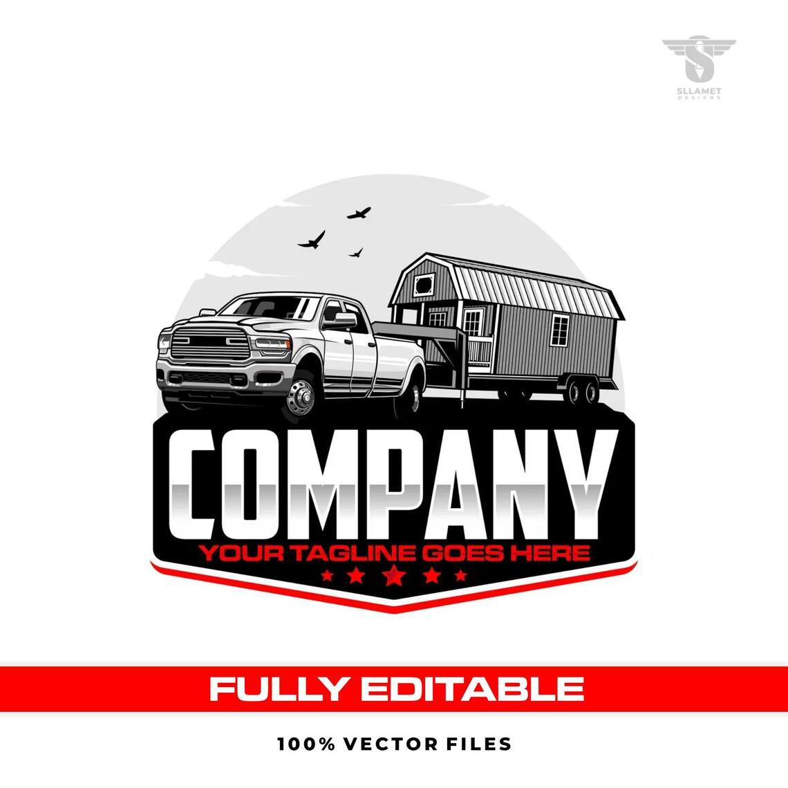 Shed moving vector logo featuring a white heavy-duty pickup truck towing a gray portable storage building with red doors and windows on a tandem-axle trailer, red and silver shield badge, bold company lettering, red stars and customizable tagline on a bla