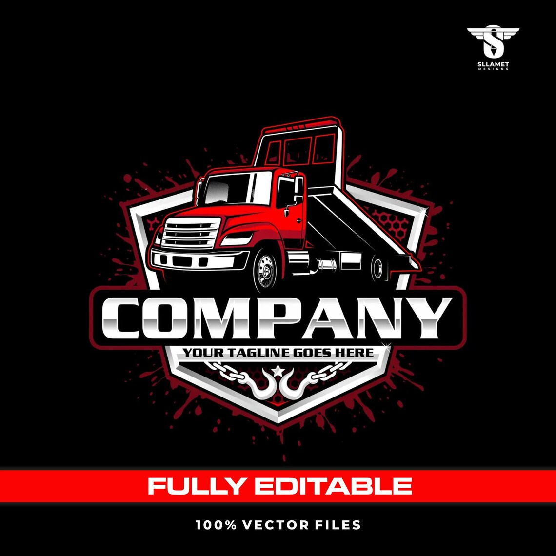 Red rollback tow truck vector logo featuring a heavy-duty recovery truck with tilted black flatbed, chrome grille, towing chains and hooks, red paint splashes, black and silver shield badge, bold company lettering and customizable tagline.