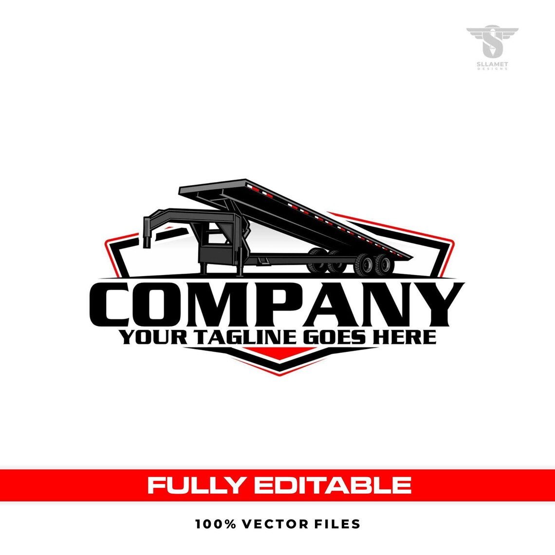 Black gooseneck tilt deck equipment trailer vector logo featuring a raised flatbed loading platform, tandem axle wheels, red and white reflective details, black and red shield badge, bold company lettering and customizable tagline.