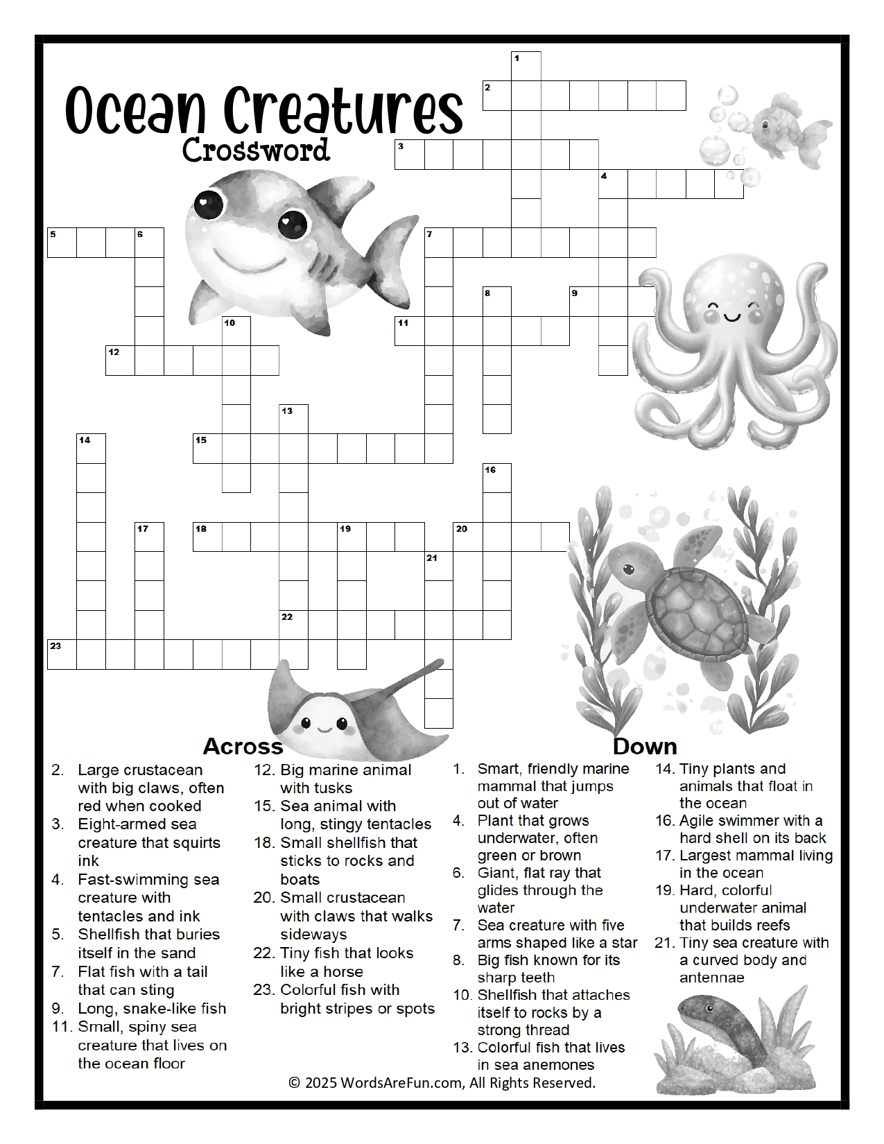 Ocean creatures crossword puzzle printable for kids u0026 classrooms