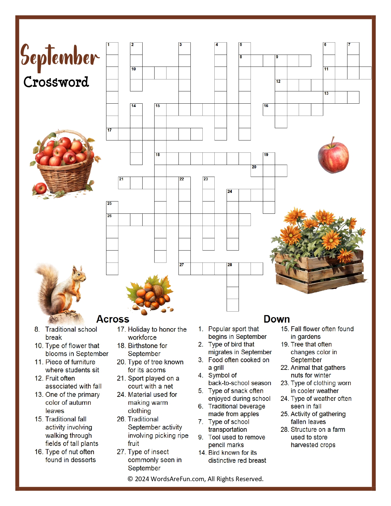 September crossword puzzle | printable back to school u0026 fall activity  worksheet pdf