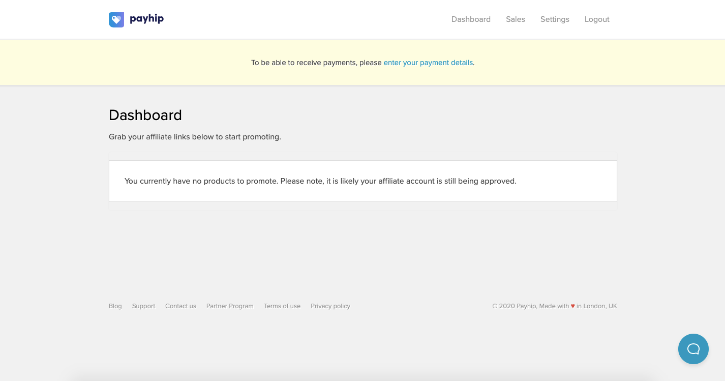 The affiliate dashboard on Payhip