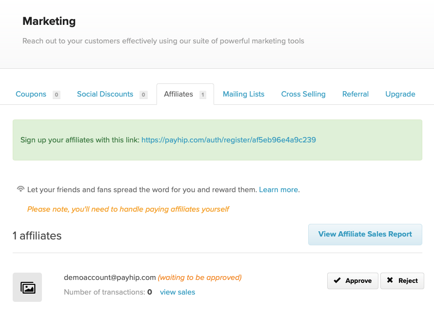 The Payhip affiliates dashboard with a pending affiliate