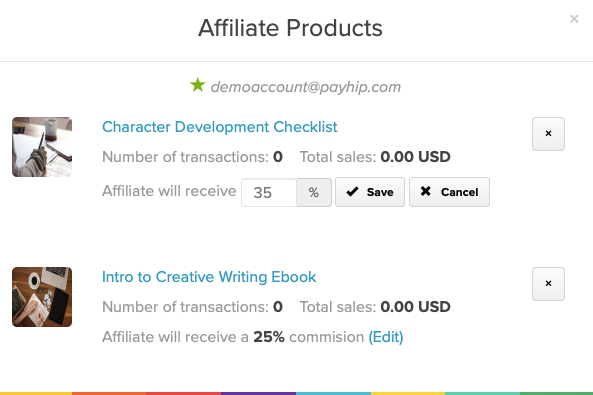 The View Products modal for an affiliate on Payhip