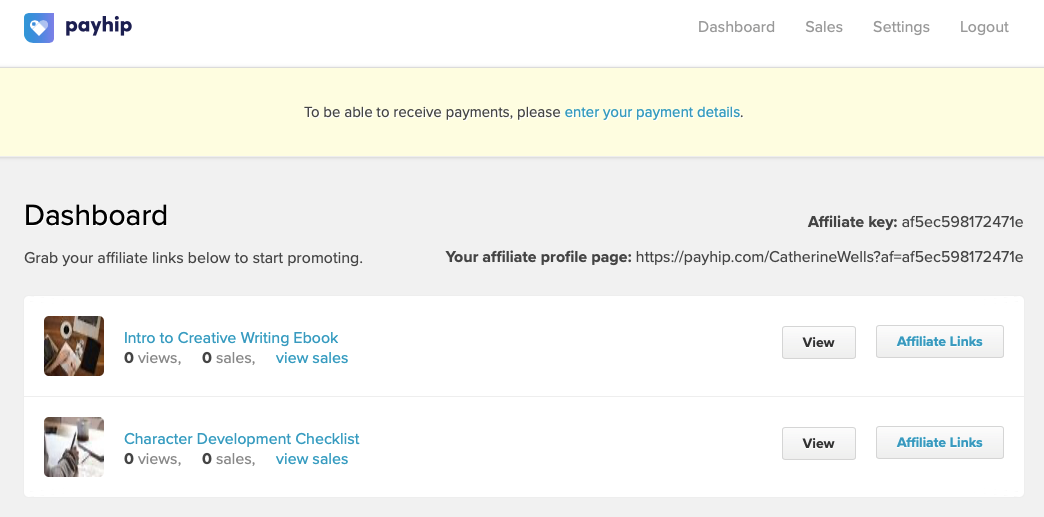 The affiliate dashboard on Payhip with some products to promote
