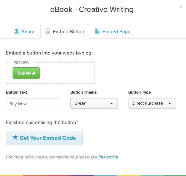 A screenshot of the embed button modal on Payhip that you can use to generate a button to add to your website