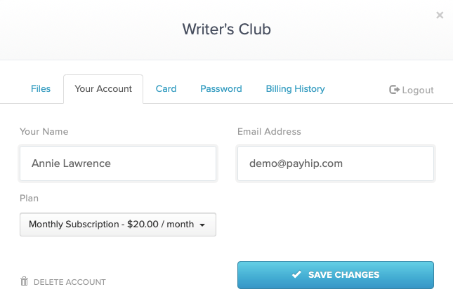 The Your Account tab of the member area for subscribers in Payhip