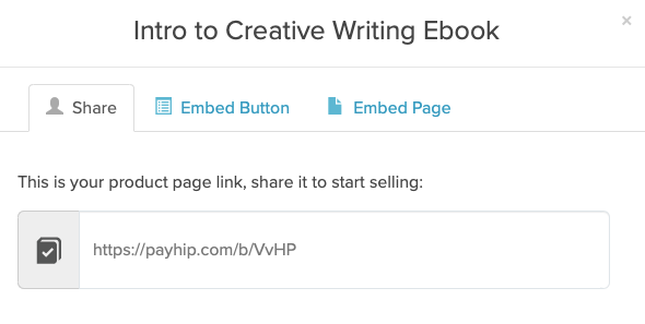 An example of the link tab of the Share / Embed modal for a product in Payhip