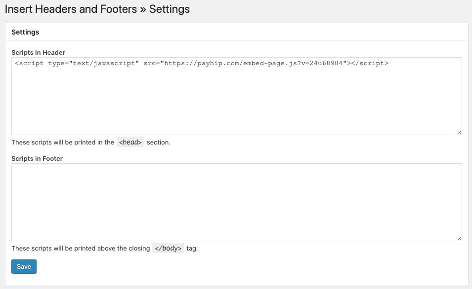 Screenshot showing the javascript snippet pasted into the page header using Insert Headers and Footers